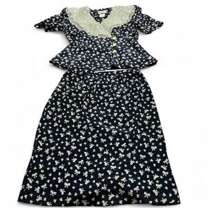 Vintage Leslie Faye Bow Printed Midi Skirt Suit Set Peplum Top Pearl Buttons